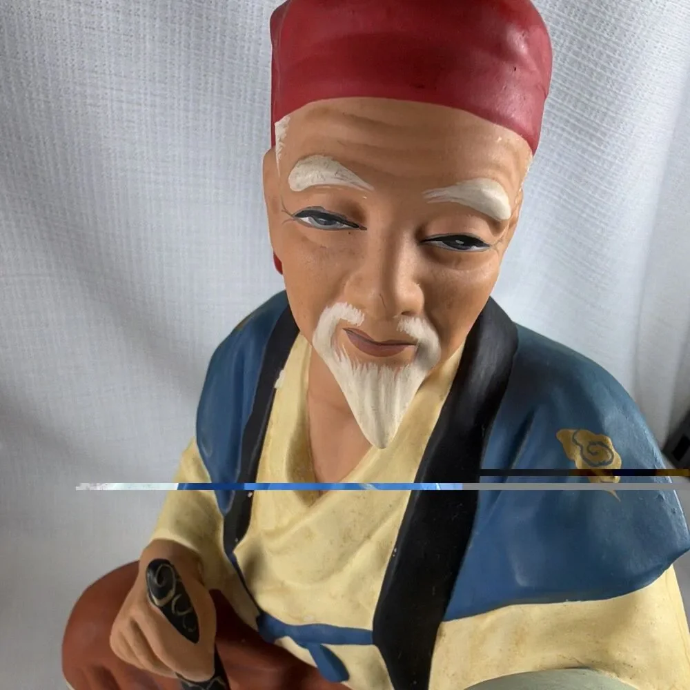 Vintage Sato Hakata Clay Doll Old Man Potter Artist Painting Vase Figurine 11”